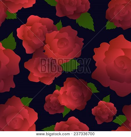 Seamless Floral Pattern With Red Roses On Dark Background. Single And Groups Of Blooms And Green Lea
