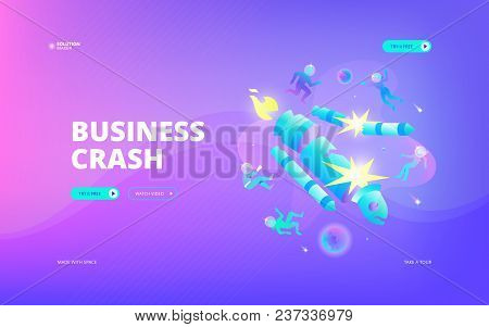 Vector Illustration Of Developers In Spacesuits Flying Apart While Rocket Crashing In Space. Hero Im