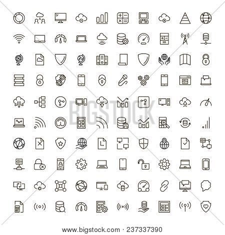 Databse Icon Set. Collection Of High Quality Outline Server Pictograms In Modern Flat Style. Black I