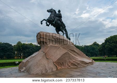 Russia, Saint Petersburg - August 18, 2017: Monument Of Russian Emperor Peter The Great, Known As Th