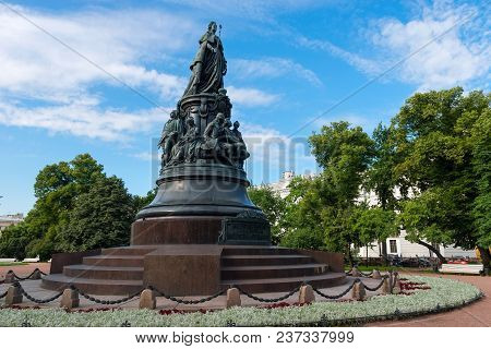 Russia, Saint Petersburg - August 18, 2017: A Bronze Monument To Catherine The Great On Ostrovsky Sq