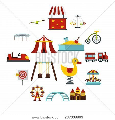 Amusement Park Icons Set In Flat Style. Attraction Park Set Collection Vector Illustration