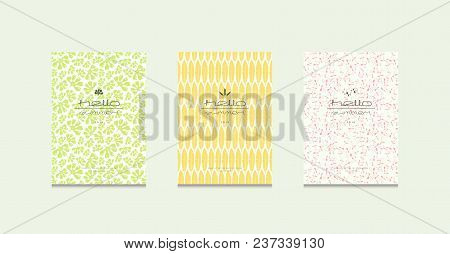 Stock Vector Set Of Brochure Template Covers Design. Seamless Pattern And Summer Emblem With Tropica