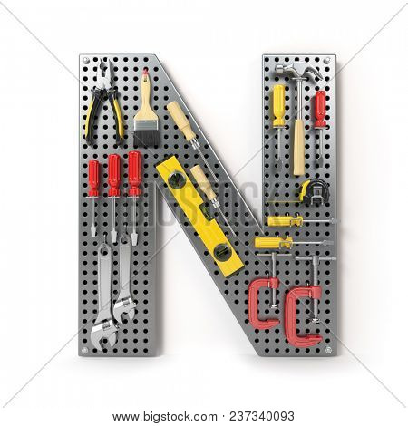 Letter N. Alphabet from the tools on the metal pegboard isolated on white.  3d illustration