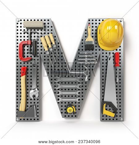 Letter M. Alphabet from the tools on the metal pegboard isolated on white.  3d illustration