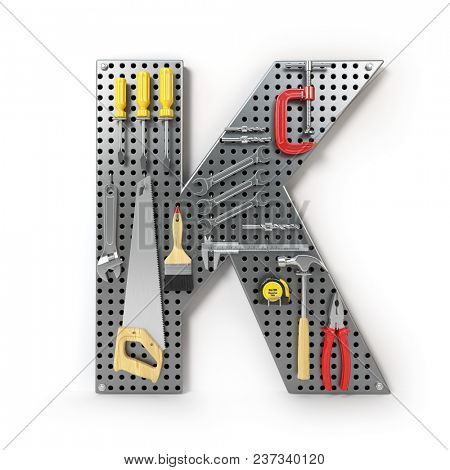 Letter K. Alphabet from the tools on the metal pegboard isolated on white.  3d illustration
