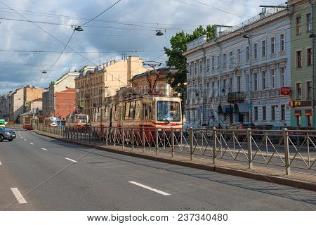 Russia, Saint Petersburg - August 18, 2017: Tramway Traffic On The Ligovsky Prospekt