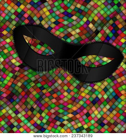 Abstract Colored Background Image Consisting Of Lines And Cubes With Carnival Black Half Mask
