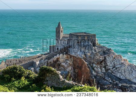 The Ancient Church Of San Pietro (st. Peter Consecrated In 1198) In Portovenere Or Porto Venere (une