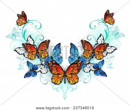Symmetrical Pattern Of Blue Morpho And Orange Monarch Butterflies On White Background.