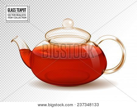 Vector Glass Teapot With Tea Isolated On Transparent Background. Realistic 3d Vector.