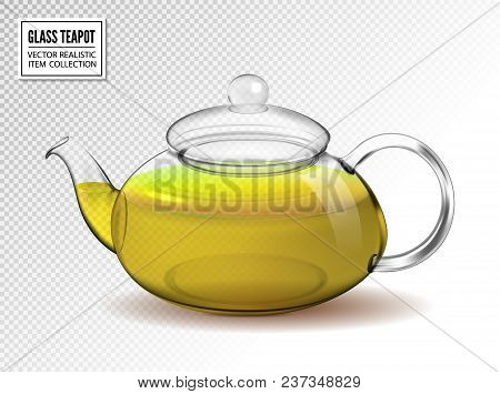 Vector Glass Teapot With Green Tea Isolated On Transparent Background. Realistic 3d Vector.