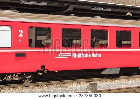 Landquart, Switzerland - 3 March, 2017: A Railroad Car Of The Rhaetian Railway At A Platform Of The 