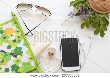 Sunscreen Cream Spf50 For Skin Face With  Sunglasses In Bag And Mobile Phone Perfume Accessories For