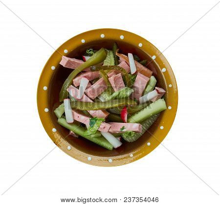 Bavarian Cuisine , Traditional Bayrischer Wurst Salat , Close Up