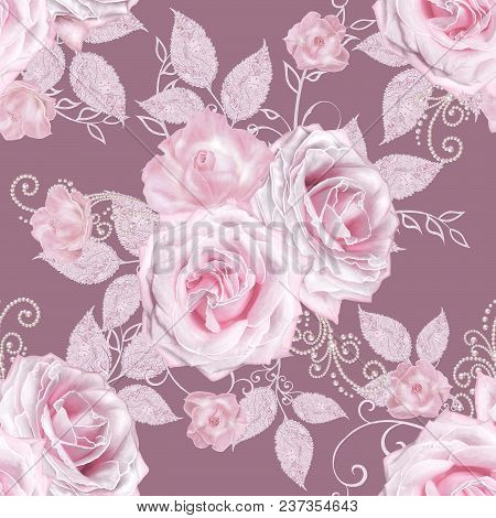 Seamless Pattern. Decorative Decoration, Paisley Element, Delicate Textured Silver Leaves Made Of Th