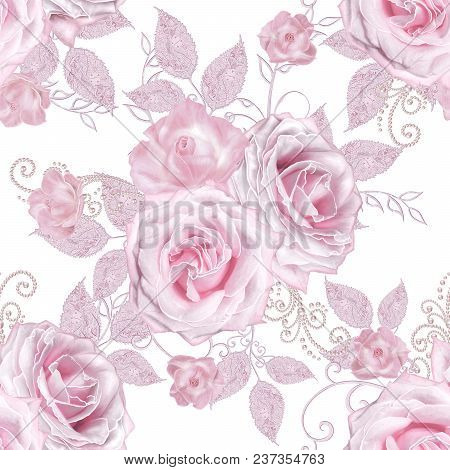 Seamless Pattern. Decorative Decoration, Paisley Element, Delicate Textured Silver Leaves Made Of Th