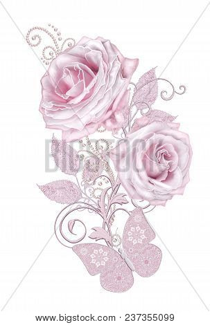Decorative Decoration, Paisley Element, Delicate Textured Silver Leaves Made Of Fine Lace And Pearls