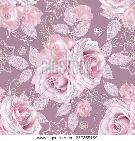 Seamless Pattern. Decorative Decoration, Paisley Element, Delicate Textured Silver Leaves Made Of Th