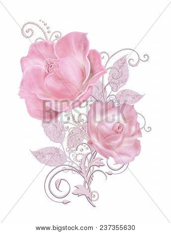 Decorative Decoration, Paisley Element, Delicate Textured Silver Leaves Made Of Fine Lace And Pearls