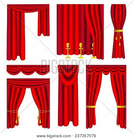 Vector Illustration. Set Of Red Luxury Curtains And Draperies On White Background