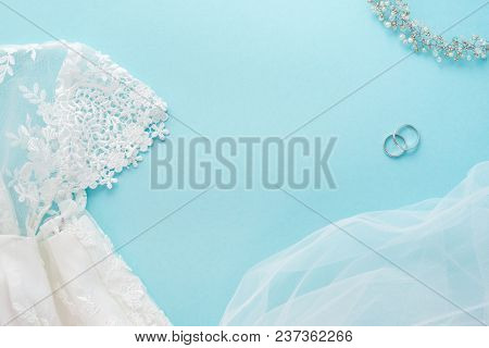 Wedding Female Accessories On Blue Pastel Background