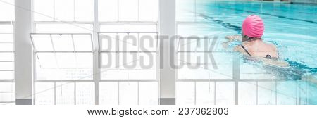 Woman in Swimming pool with windows transition
