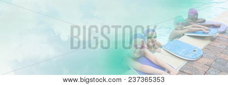 Children with paddle boards learning in Swimming pool with transition