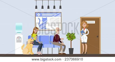 Vetclinic Illustrations With Dog Patient And Owner.