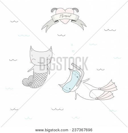 Hand Drawn Vector Illustration Of Two Cute Little Cats Under Water, With Fish Tail And In Swim Fins 