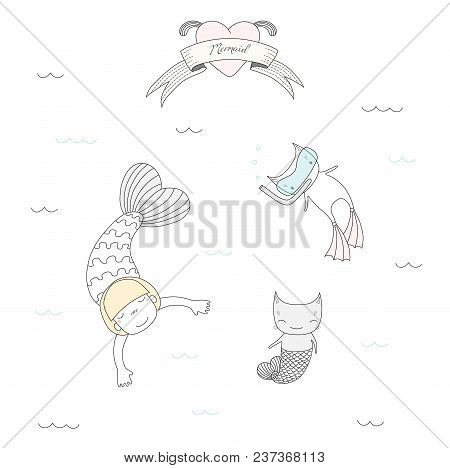 Hand Drawn Vector Illustration Of A Cute Mermaid Girl And Two Cats With Fish Tail And In Swim Fins, 