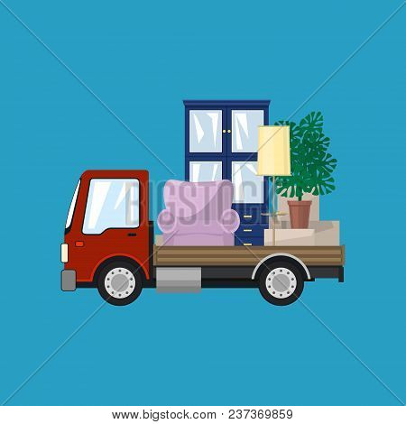 Truck Isolated On A Blue Background, Lorry Is Ttransporting Cupboard, Chair And Pot With Monstera, L