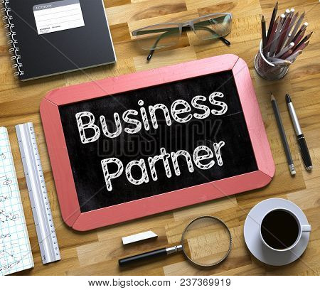 Top View Of Office Desk With Stationery And Red Small Chalkboard With Business Concept - Business Pa