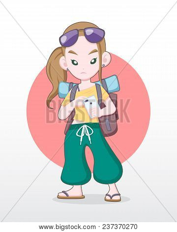 Cute Style Female Tourist Swiping Smartphone Finding Location Illustration