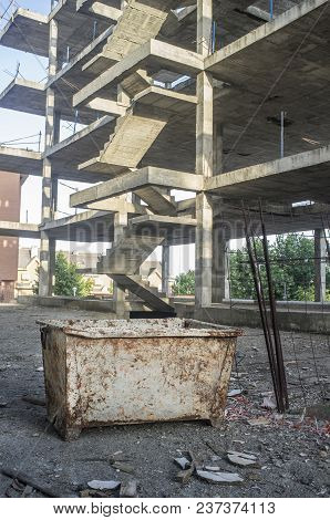 Adandoned Construction Site Of Apartment Building. Crisis In The Construction Industry Concept