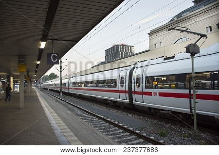 Train Stop Waiting In Terminal For Send And Receive Passengers People At Platform Of Mannheim Hauptb