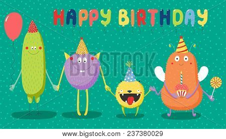 Hand Drawn Birthday Card With Cute Funny Monsters In Party Hats, Smiling And Holding Hands, With Typ