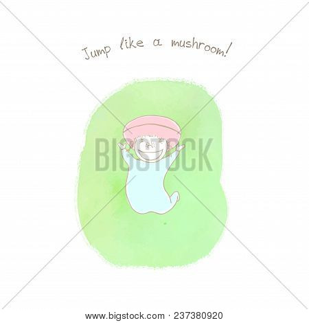 Hand Drawn Humorous Illustration Of An Anthropomorphic Woolly Milk Cap On A Watercolor Background, T