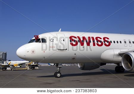 Borispol, Ukraine - March 26, 2018: Meeting Of The First Flight To Ukraine Of Swiss International Ai