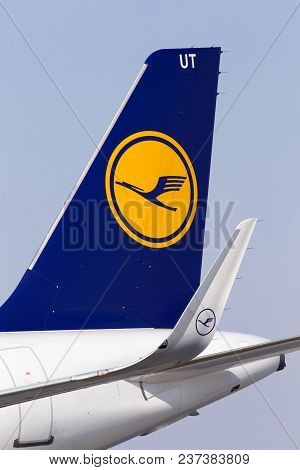 Borispol, Ukraine - March 26, 2018: A Part Of Lufthansa Airbus A320 Aircraft With Logo. Editorial Us