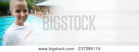 Lifeguard woman at Swimming pool with transition
