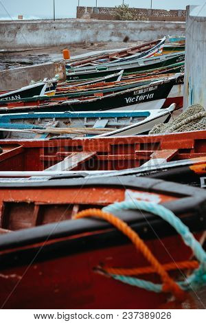 Santo Antao Island, Cape Verde - December 23, 2017: Colored Local Fishing Boats Along The Old Fishin
