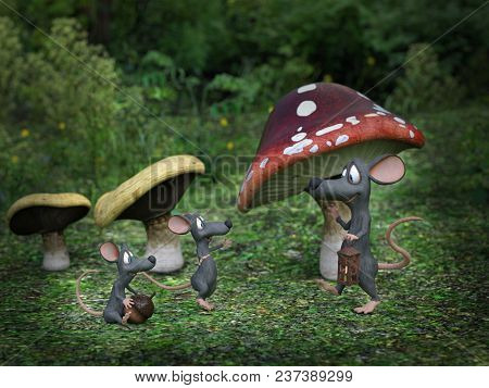 3d Rendering Of Cartoon Mouse Daddy Being Greeted By His Mice Kids At Night In A Fairytale Toadstool