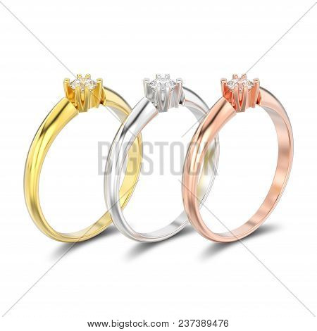 3d Illustration Isolated Three Different Gold And Silver Engagement Solitaire Double Prong Basket Di
