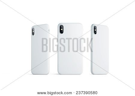 Blank White Phone Case Mock Up, Stand Isolated, 3d Rendering. Back, Right And Left Side Smartphone C
