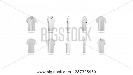 Blank White Polo Rotation Different Sides, Isolated, 3d Rendering. Empty Sport T-shirt Uniform Mocku