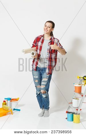 Full Length Of Pretty Woman In Casual Clothes Standing Near Instruments For Renovation Apartment Hom