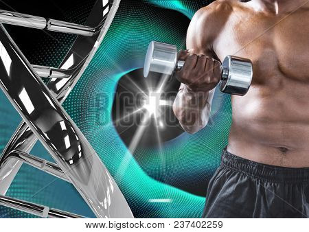 Digital composite of man with weight with iron dna chain and blak and blue lights background