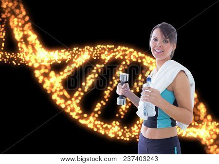 Digital composite of sporty woman with water and weigth with lights dna chain background