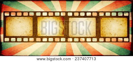 Grunge horizontal background with retro filmstrips and old paper texture with striped brust pattern